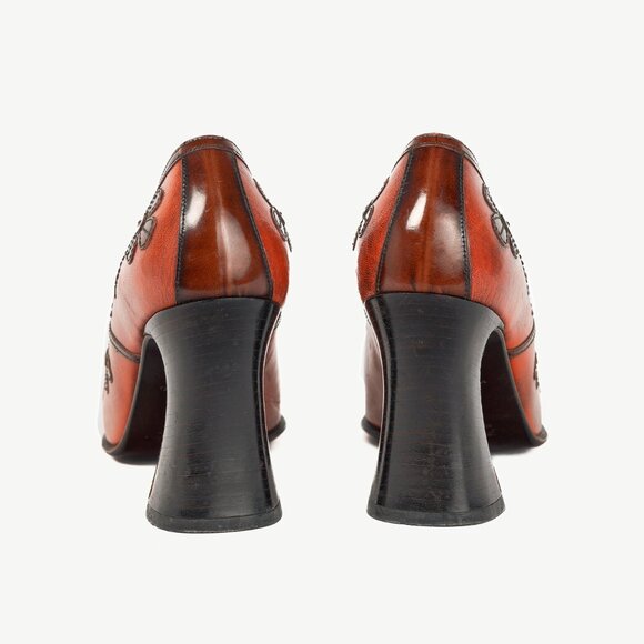 Prada AW/96 Orange Leather Floral-Applique Pumps - Picture 3 of 9